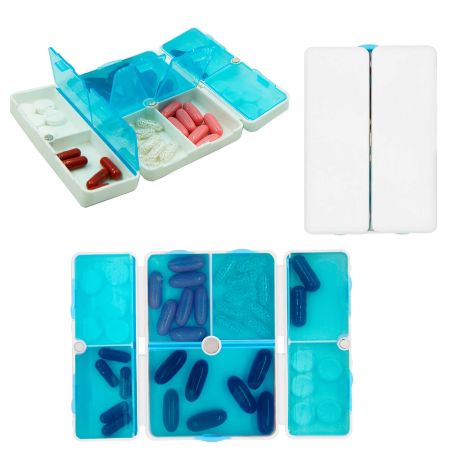 PASTILLERO DE PLÁSTICO PLEGABLE CON BROCHE MAGNÉTICO Y 8 COMPARTIMENTOS F0352