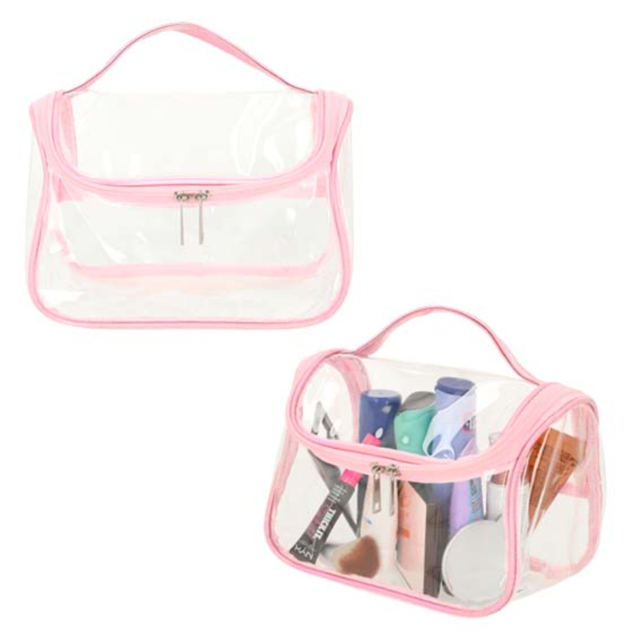 COSMETIQUERA DE PLÁSTICO TRANSPARENTE, COSTURAS EN COLOR ROSA, DOBLE CIERRE Y ASA  F0375