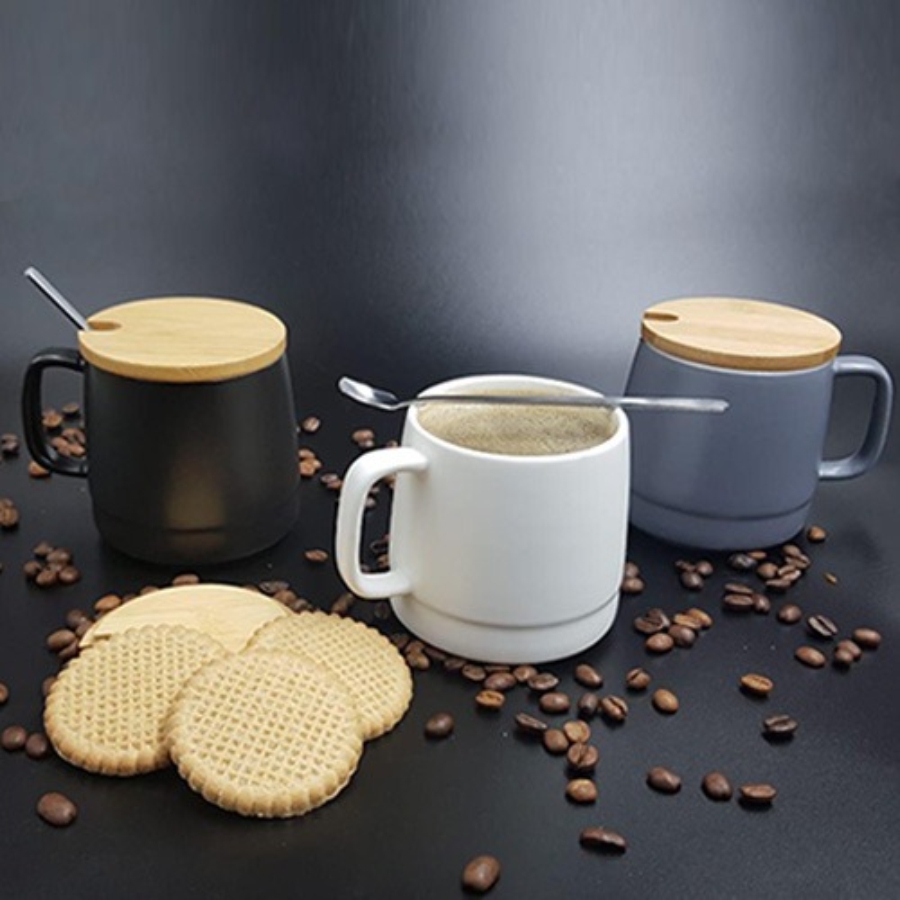 TAZA DE CERÁMICA ACABADO MATE CON TAPA DE BAMBÚ F0461