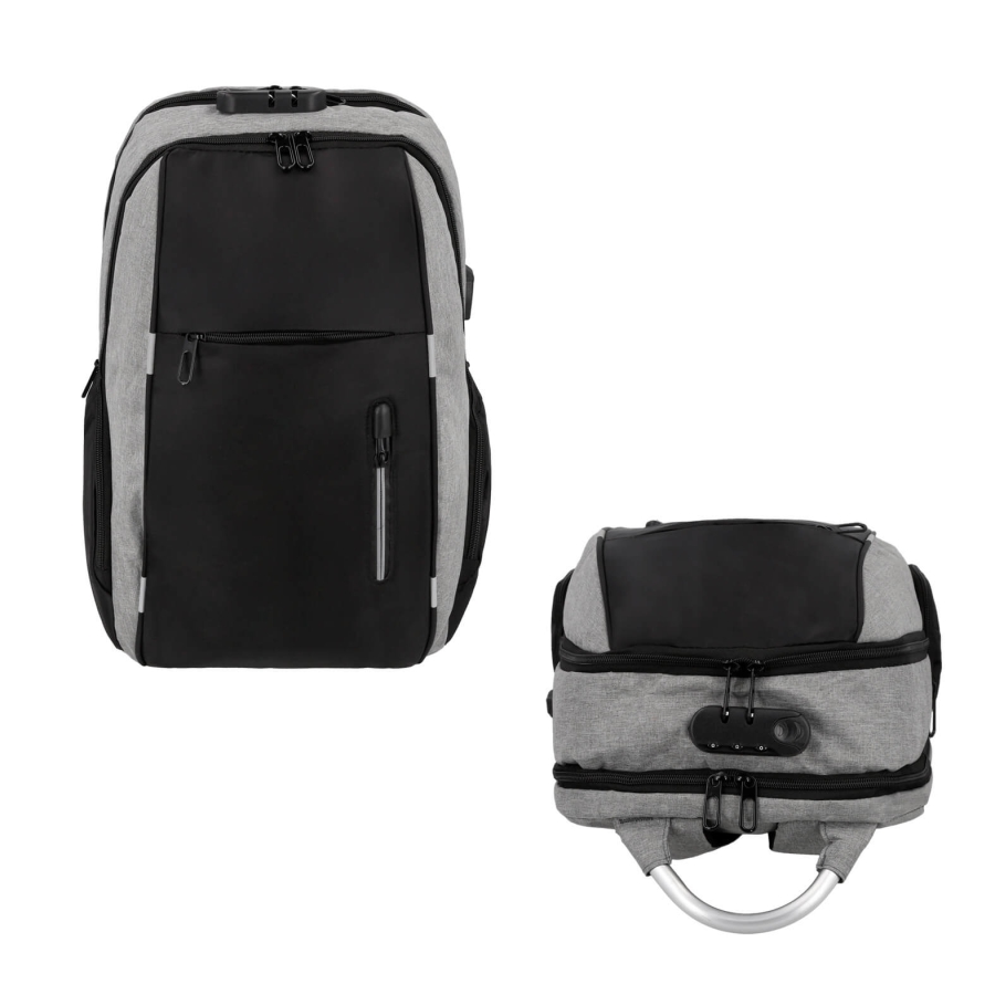 MOCHILA DE SEGURIDAD CON 2 COMPARTIMENTOS, PORTA LAPTOP DE 18",2 COMPARTIMENTOS LATERALES,2 COMPARTIMENTOS FRONTALES , ASA DE ALUMINIO, CANDADO DE SEGURIDAD Y PUERTO DE CARGA USB. F0157