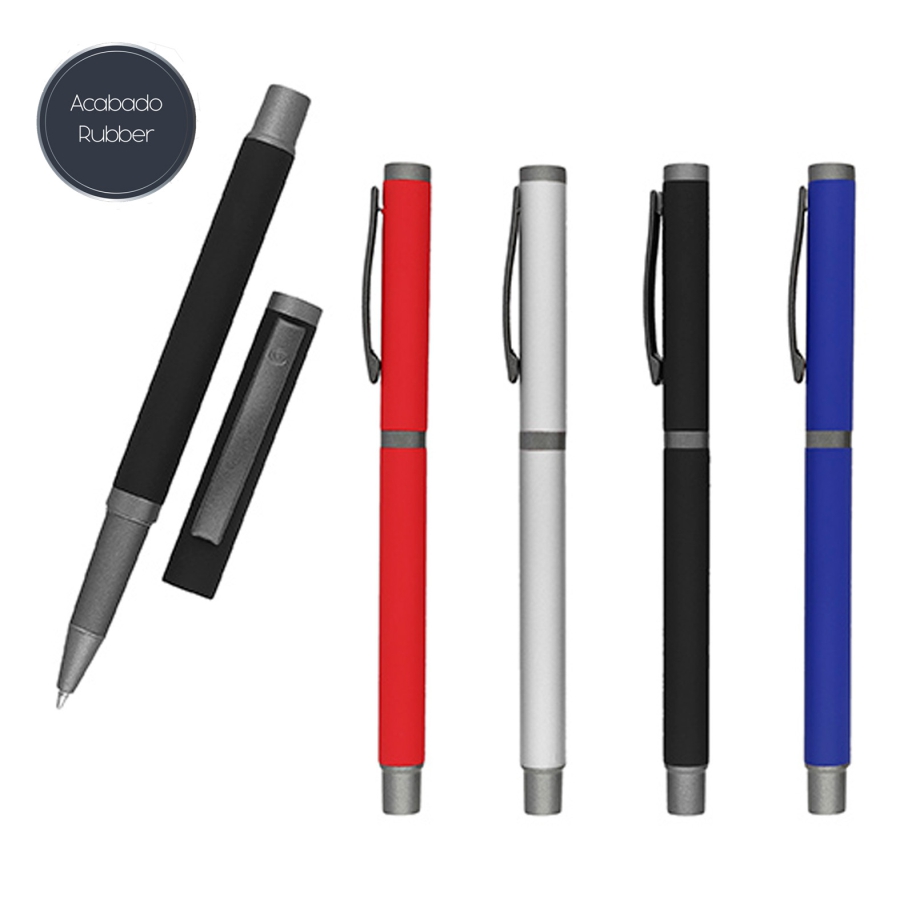 BOLÍGRAFO METÁLICO ACABADO RUBBER CON DETALLES EN BASE Y TAPA COLOR GRIS. F030