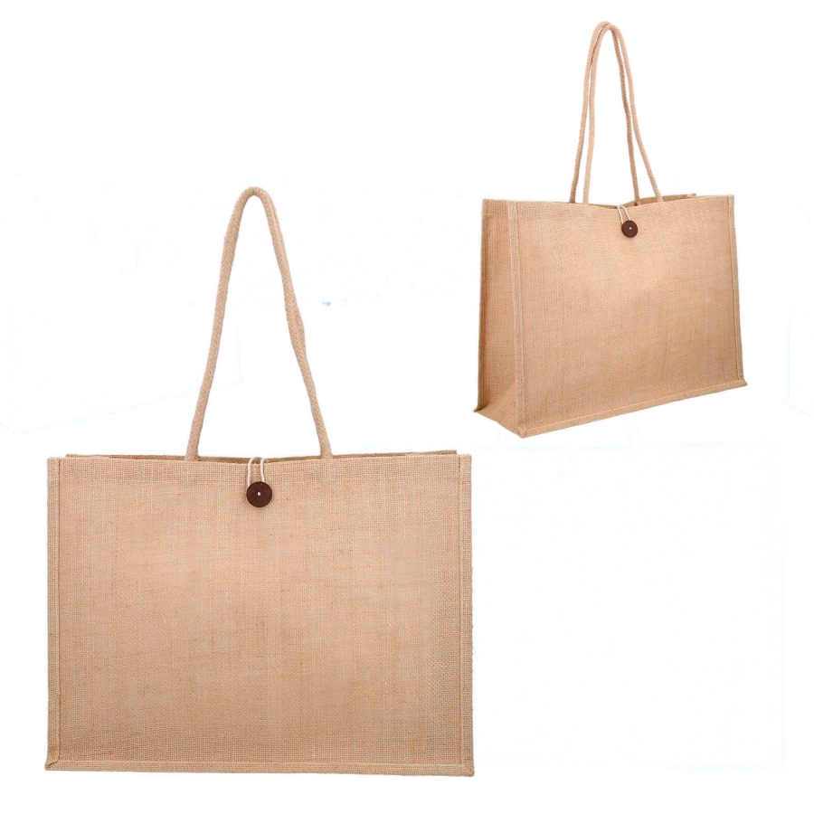 BOLSA DE YUTE CON INTERIOR LAMINADO. CUENTA CON UN PAR DE ASAS Y UN BOTÓN PARA CIERRE. F092